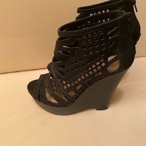 Worn once black suede sandal wedges